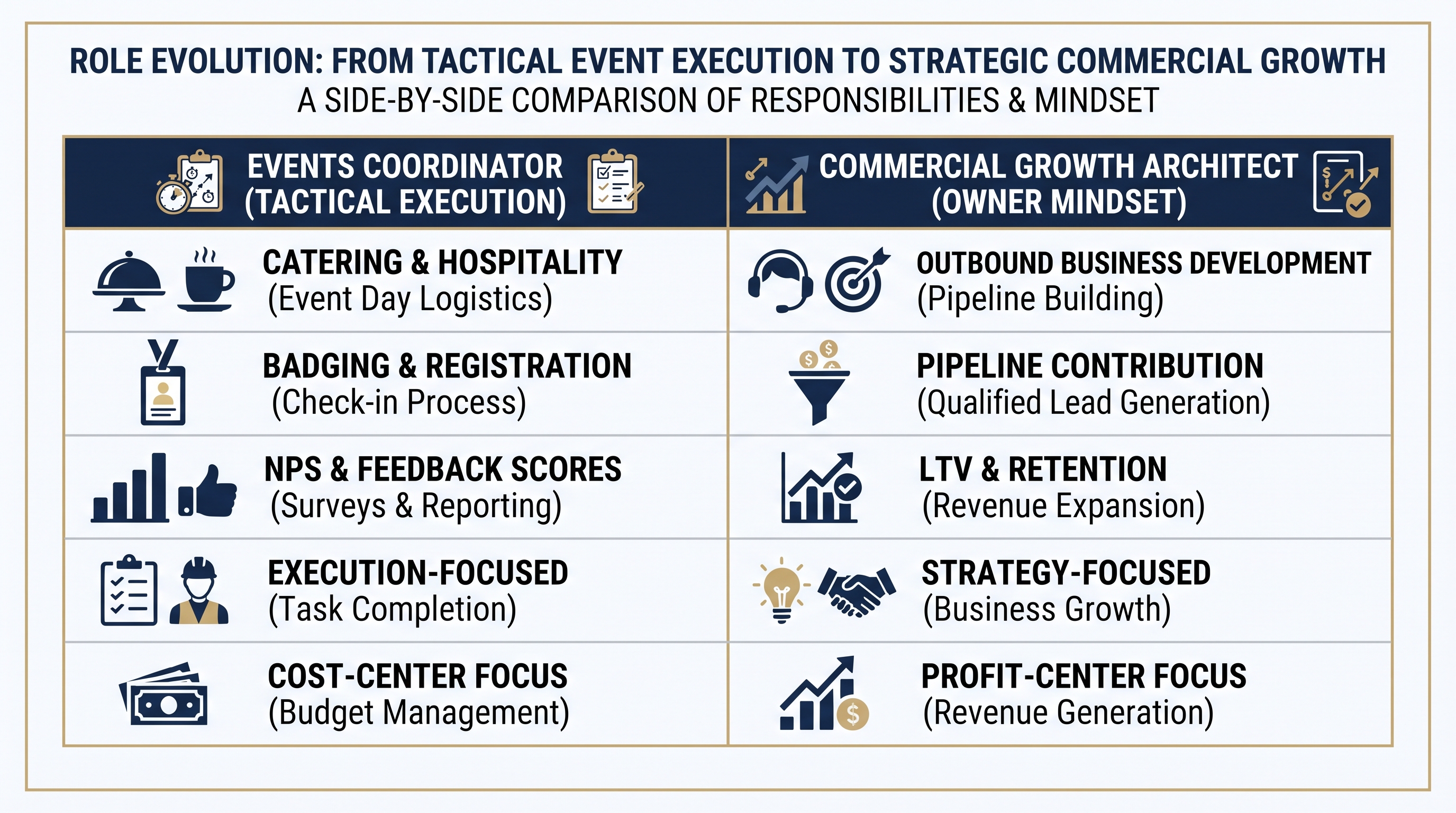 Events Coordinator vs. Commercial Growth Architect Comparison Matrix